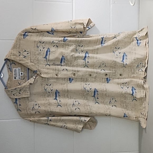 Columbia Textured 100% Silk Casual Side Vent Button Down Shirt Deep Sea Fish - Picture 10 of 10